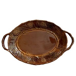 Rare Celebrating Home Stoneware Platter Pine Cone Pattern Double Handles